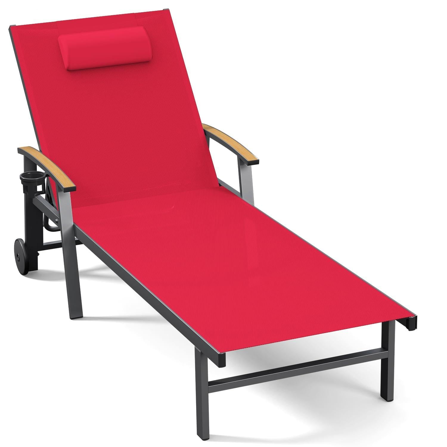 Ciokea Outdoor Lounge Chair with Pillow, 5-Position Aluminum Chaise Lounge with Wheels & Armrests, 400 lbs Heavy Duty Patio Pool Chair for Deck, Backyard, Beach & Poolside, Grey