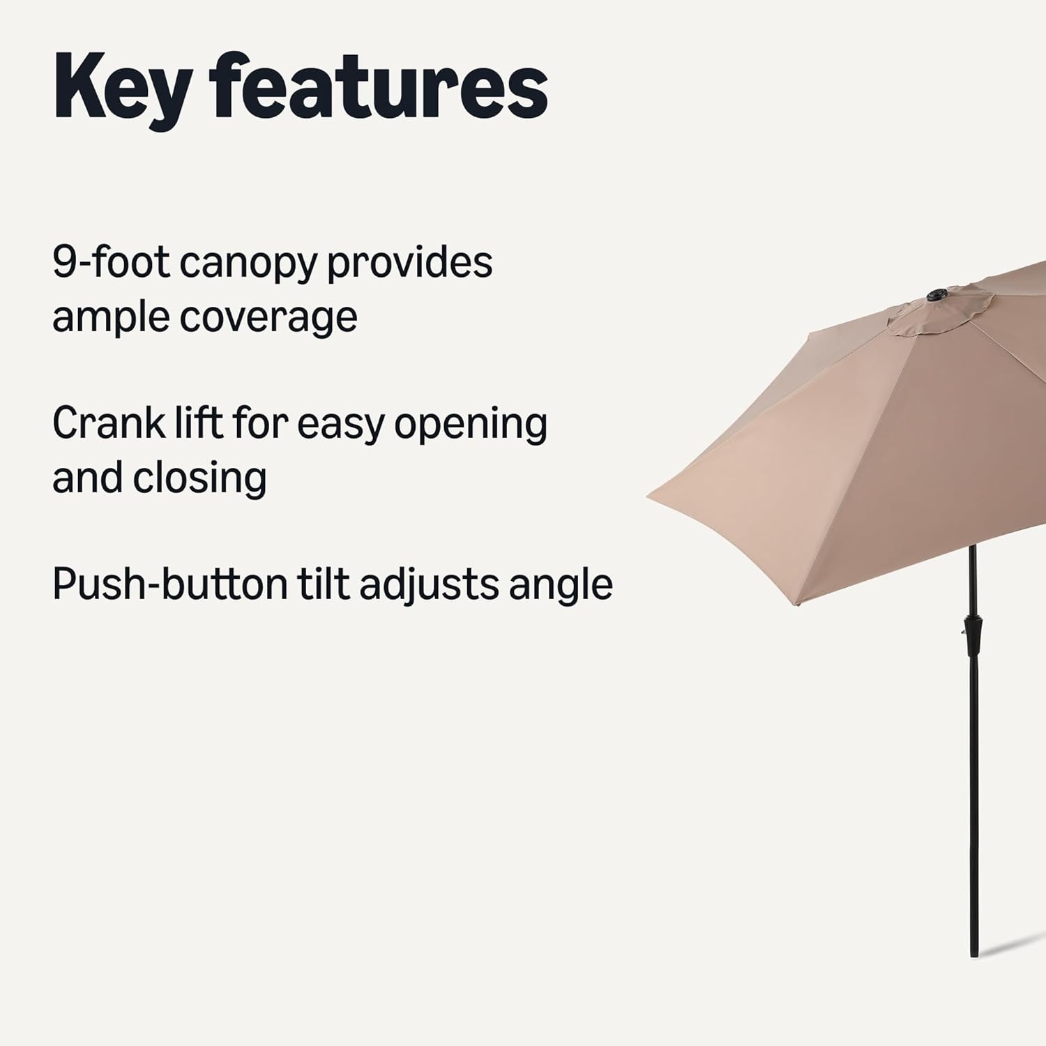 Amazon Basics Patio Umbrella with Crank Lift and Push Button Tilt, 9 Foot, Tan, Aluminum Pole, Steel Ribs