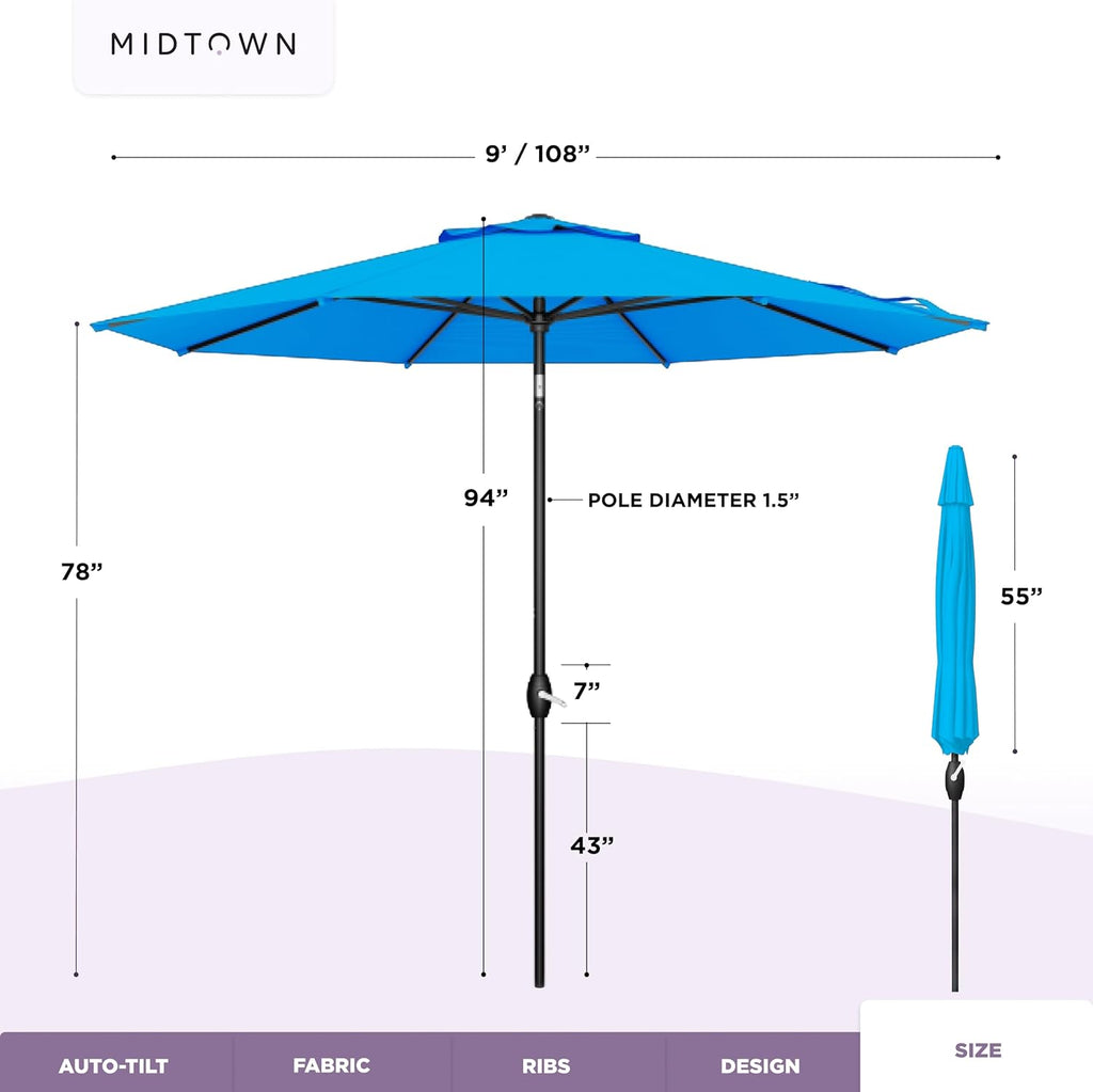 Midtown Umbrellas - 10-Year-No-Fade 9 Ft Patio Umbrella with Terylast Fabric, Auto-Tilt Aluminum Frame and 8 Reinforced Ribs for Deck, Pool, Garden & Beach - Cobalt Blue Canopy, Black Pole