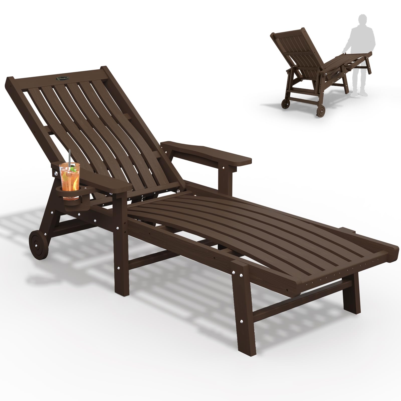 Patio Chaise Lounge Chair, Oversized Lounge Chair Outdoor with 5 Positions, HDPE, Patio Lounge Chair with Wheels & Cup Holder for Pool, Deck, Poolside,Wood