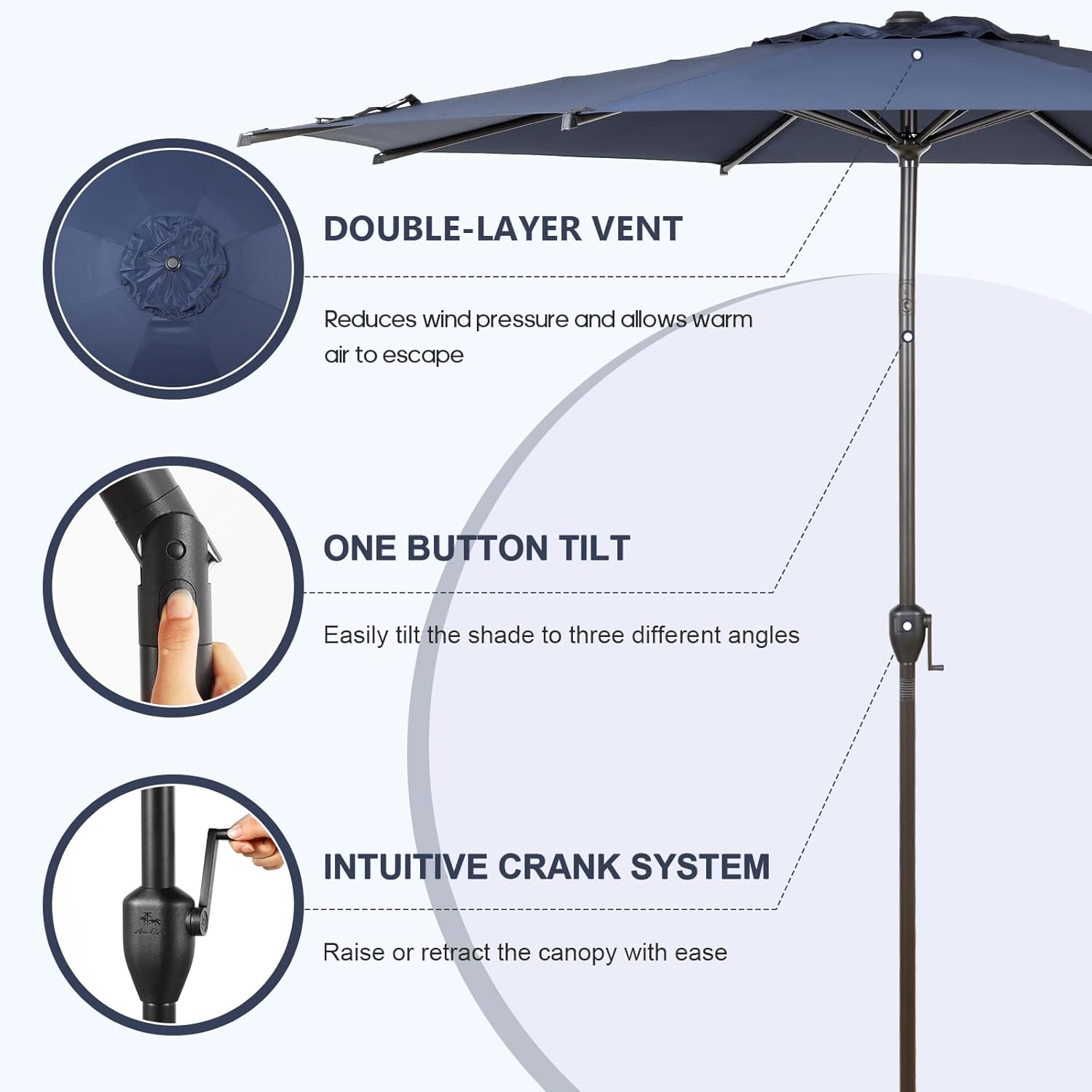 Abba Patio 9FT Lyon Outdoor Patio Umbrella Outdoor Table Umbrella with Push Button Tilt and Crank Market Umbrella 8 Sturdy Ribs UV Protection Waterproof for Garden Deck Backyard Pool, Navy Blue