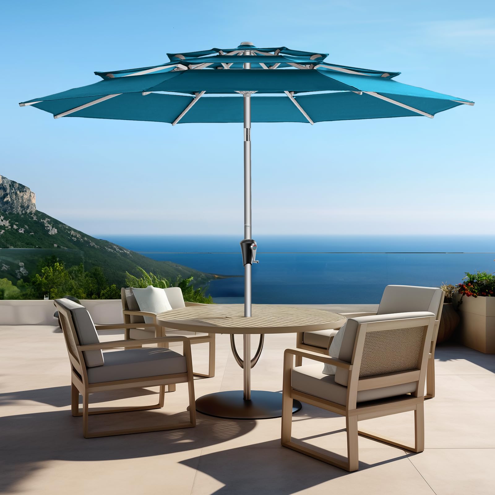HOMSHADE 9ft Aluminum Patio Umbrella - 3 Tiers Vented Outdoor Commercial Market Table Umbrella, Heavy Duty Wind Proof Deck Pool Umbrellas UPF50+ UV Protection 5-Year Fade Resistant (Peacock Blue)