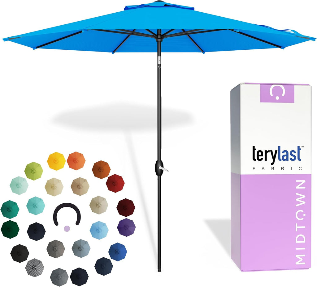 Midtown Umbrellas - 10-Year-No-Fade 9 Ft Patio Umbrella with Terylast Fabric, Auto-Tilt Aluminum Frame and 8 Reinforced Ribs for Deck, Pool, Garden & Beach - Cobalt Blue Canopy, Black Pole