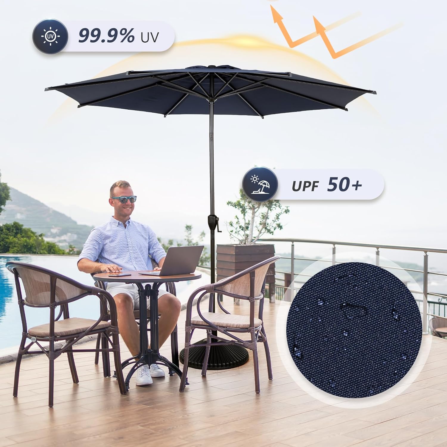 Abba Patio 9FT Lyon Outdoor Patio Umbrella Outdoor Table Umbrella with Push Button Tilt and Crank Market Umbrella 8 Sturdy Ribs UV Protection Waterproof for Garden Deck Backyard Pool, Navy Blue