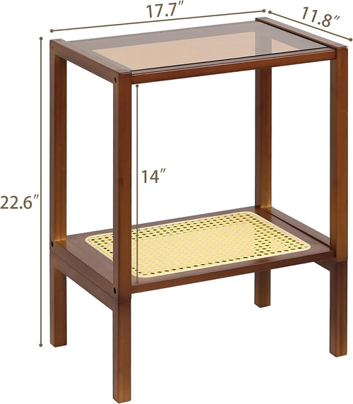2-Tier Bamboo Side Table, Modern Glasstop Rattan Side Table, Mid Century Wood Sofa-Side End Tables for Living Room, Bedroom Night Stand with Storage, Small Narrow Coffee Tables, Walnut