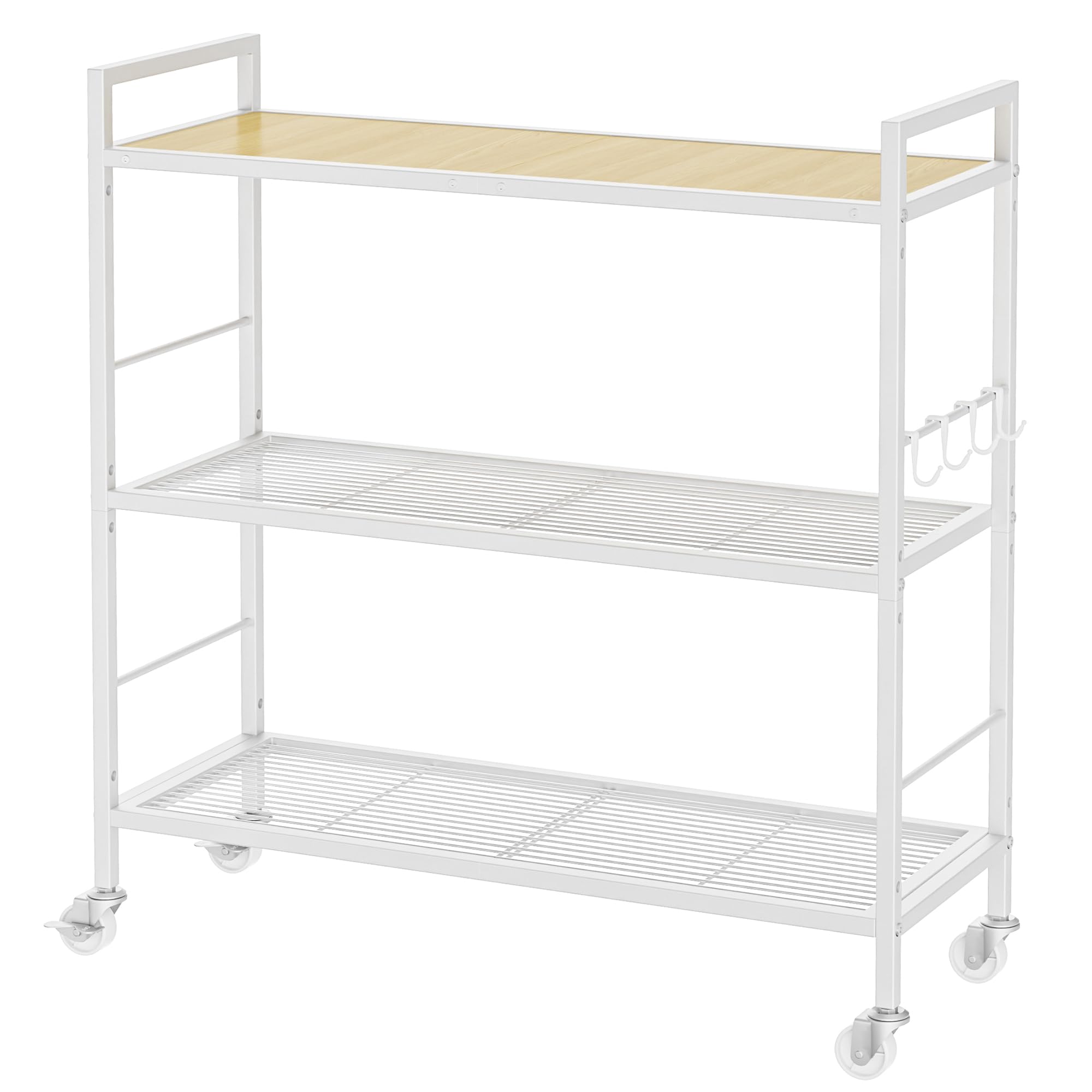 3-Tier Metal Storage Rack with Industrial Wheels,Mesh Shelving Unit with Wooden Table top,Adjustable Shelf,23.6-Inch Width,for Kitchen,Laundry,Pantry,Plant,Black