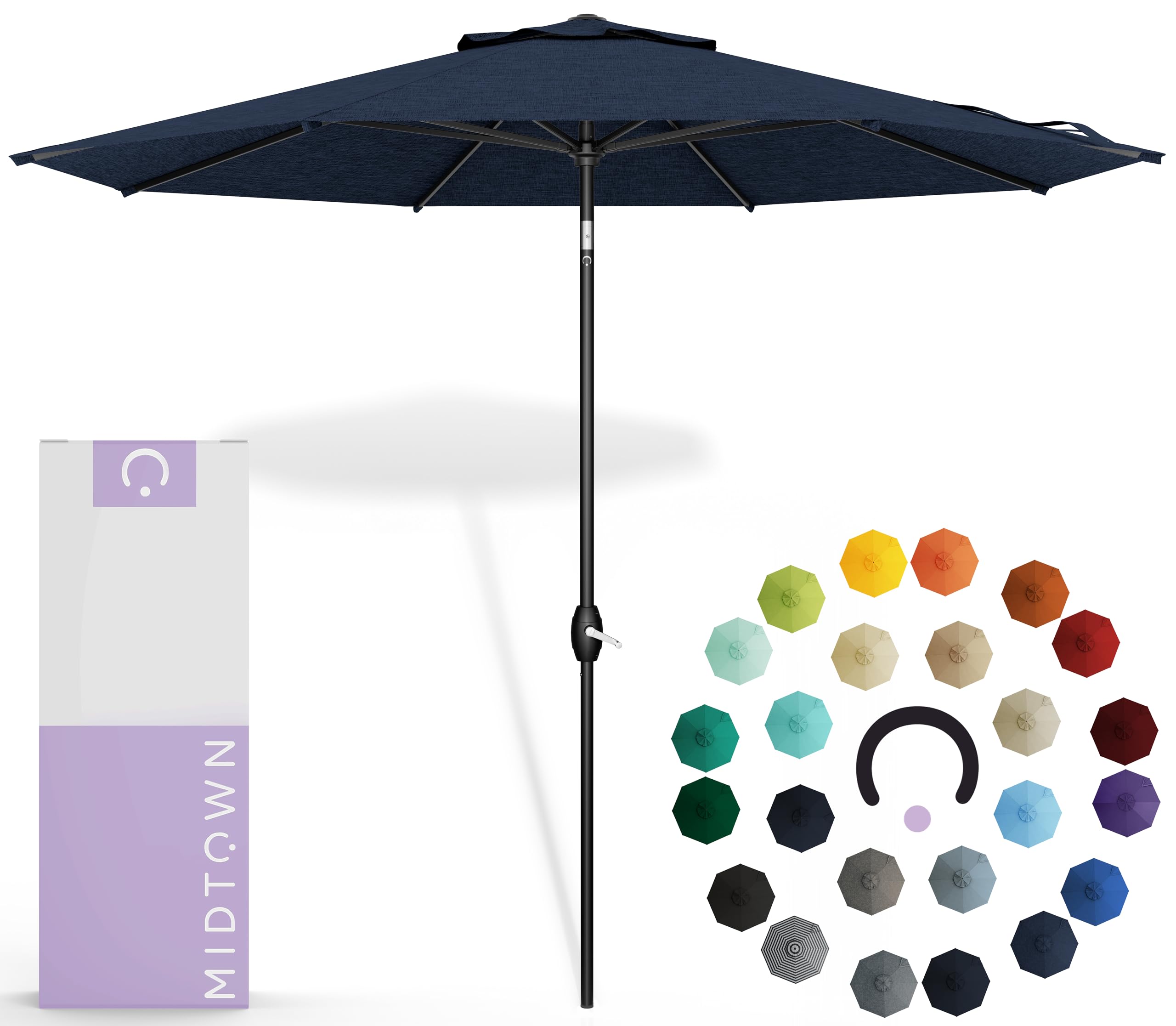 Midtown Umbrellas - The Lean 9 Ft Patio Umbrella with Fade-Resistant Sunbrella Fabric, Auto-Tilt Aluminum Frame and 8 Reinforced Ribs for Deck, Pool & Garden - Aruba Canopy, Black Pole
