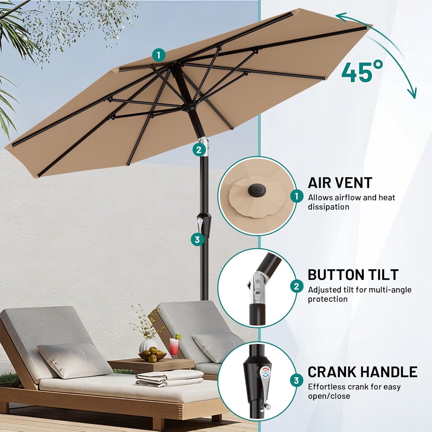 AreShark 9 FT Patio Umbrella for Outdoor, Outdoor Table Umbrella with Push Button Tilt and Crank, Outdoor Patio Umbrellas with 8 Sturdy Ribs for Market, Garden, Pool (Beige)