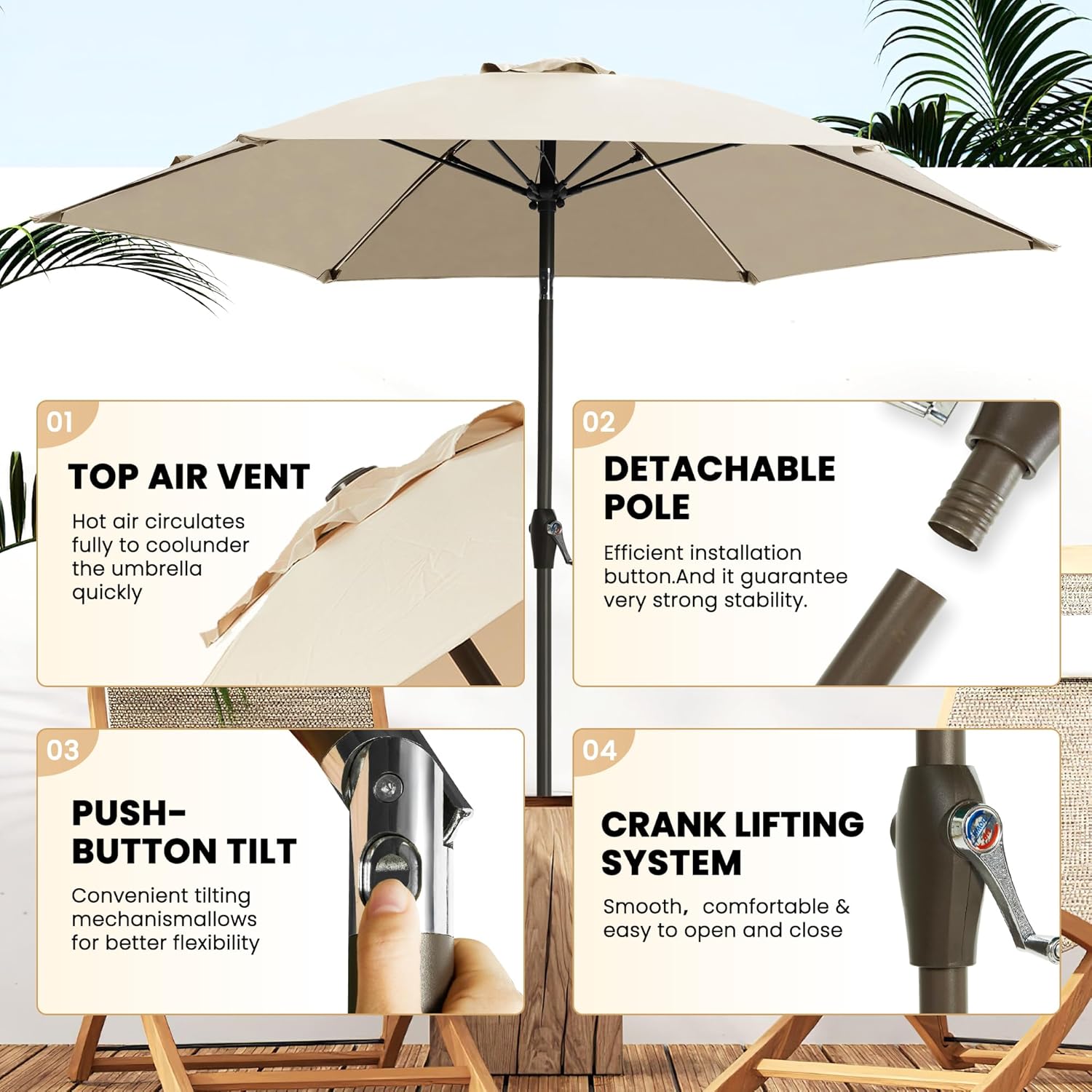Ayge 7.5FT Large Outdoor Patio Umbrella Market Table Umbrella-UV Resistant, Easy Push Button Tilt and Crank, 6 Sturdy Fiberglass Ribs Heavy-Duty Pool Umbrella for Deck, Backyard,Garden, Yard,Beige