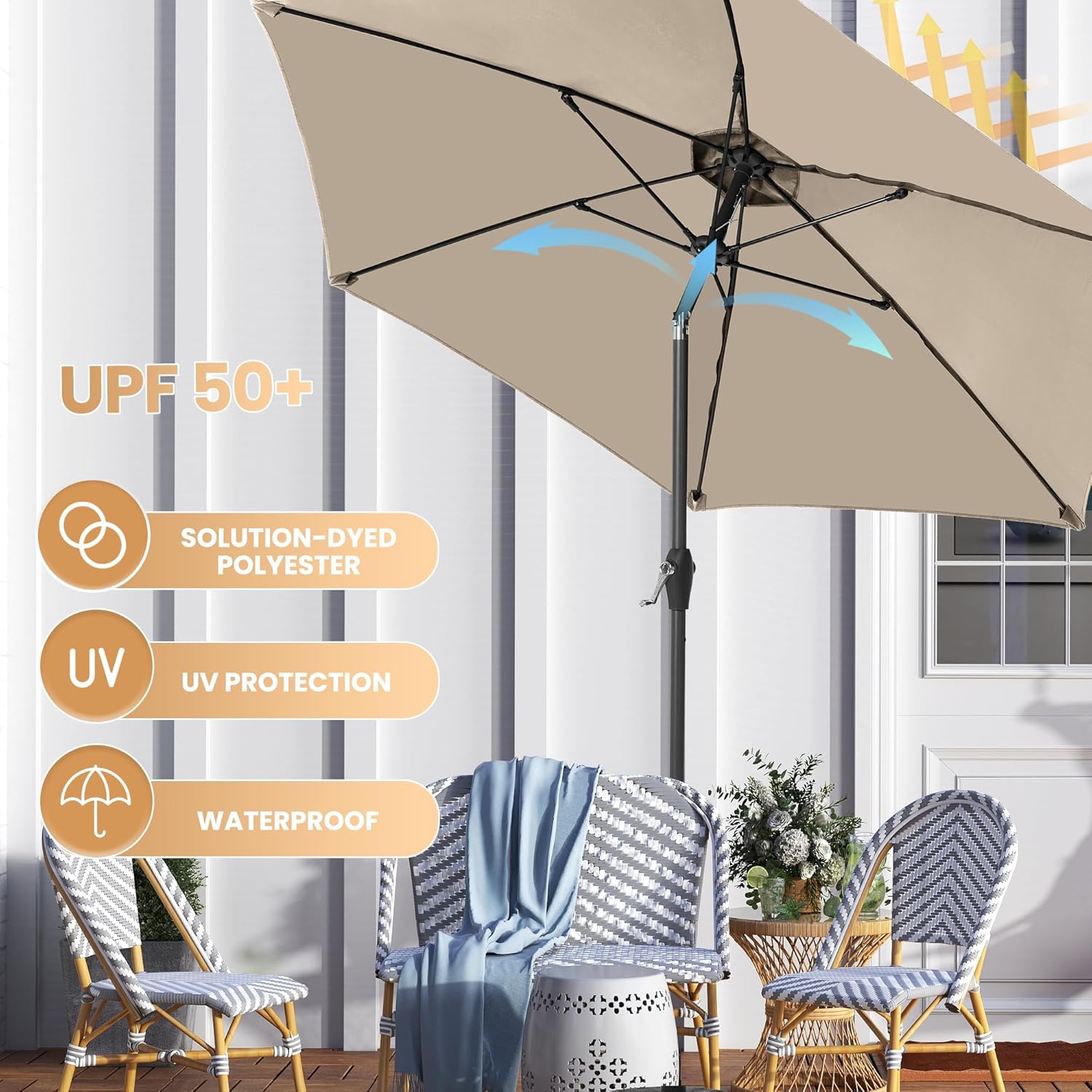 Ayge 7.5FT Large Outdoor Patio Umbrella Market Table Umbrella-UV Resistant, Easy Push Button Tilt and Crank, 6 Sturdy Fiberglass Ribs Heavy-Duty Pool Umbrella for Deck, Backyard,Garden, Yard,Beige