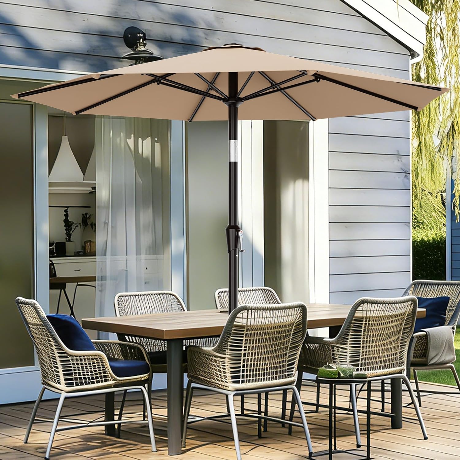 AreShark 9 FT Patio Umbrella for Outdoor, Outdoor Table Umbrella with Push Button Tilt and Crank, Outdoor Patio Umbrellas with 8 Sturdy Ribs for Market, Garden, Pool (Beige)