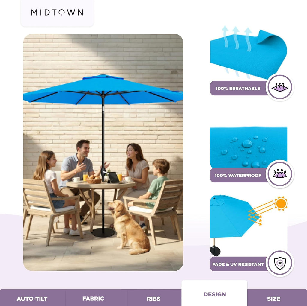 Midtown Umbrellas - 10-Year-No-Fade 9 Ft Patio Umbrella with Terylast Fabric, Auto-Tilt Aluminum Frame and 8 Reinforced Ribs for Deck, Pool, Garden & Beach - Cobalt Blue Canopy, Black Pole
