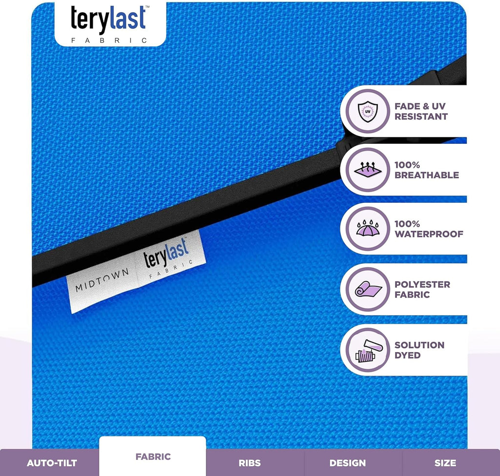Midtown Umbrellas - 10-Year-No-Fade 9 Ft Patio Umbrella with Terylast Fabric, Auto-Tilt Aluminum Frame and 8 Reinforced Ribs for Deck, Pool, Garden & Beach - Cobalt Blue Canopy, Black Pole