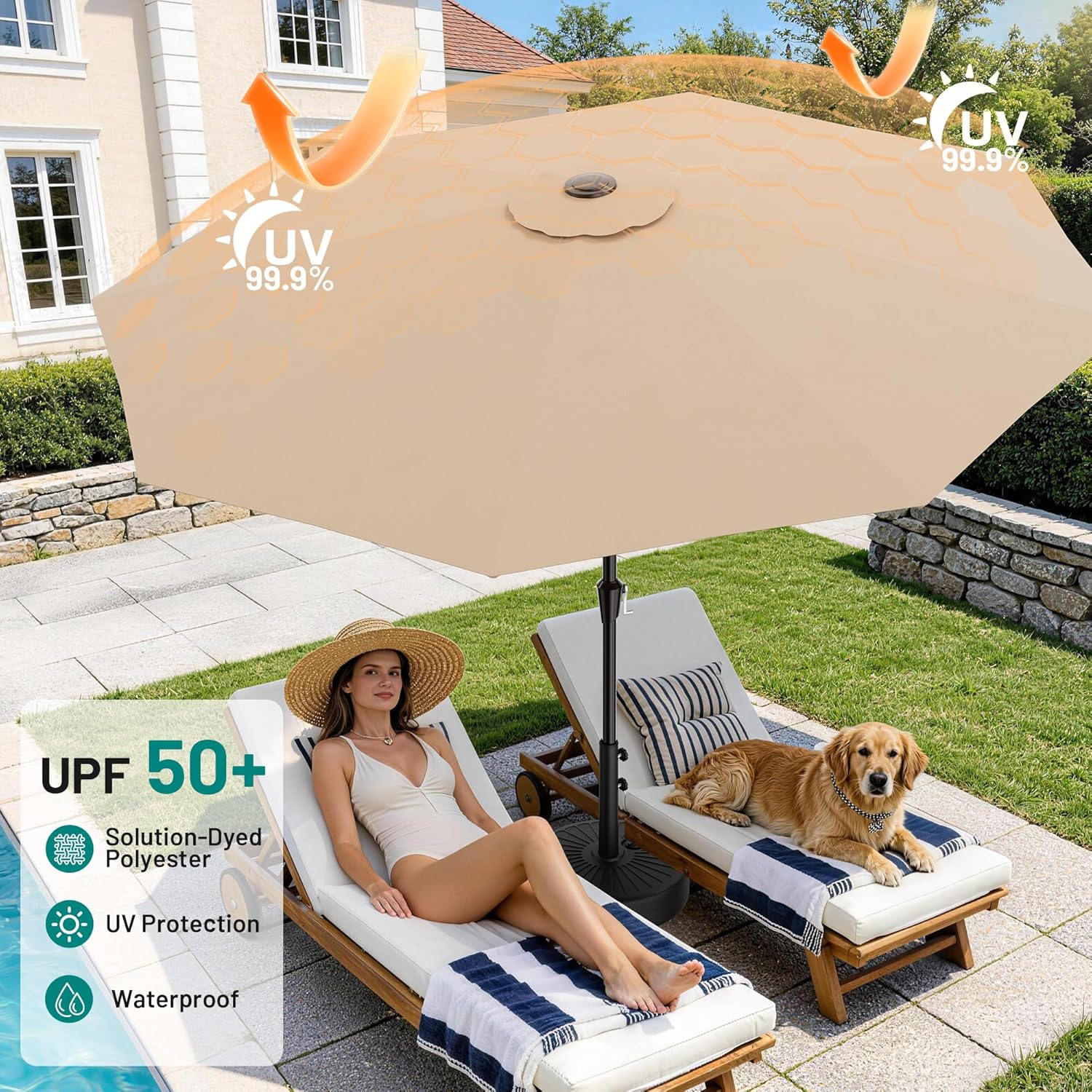 AreShark 9 FT Patio Umbrella for Outdoor, Outdoor Table Umbrella with Push Button Tilt and Crank, Outdoor Patio Umbrellas with 8 Sturdy Ribs for Market, Garden, Pool (Beige)